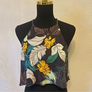 Crescent Tropical Floral Halter Crop Top Lined Boho Summer Size Small